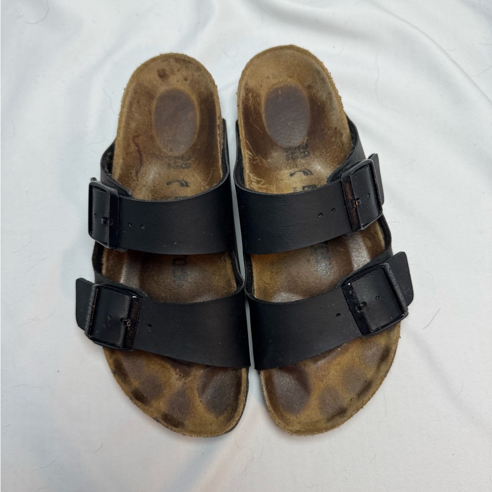 Birkenstock Matte Black Double Strap Sandals with Black Buckles. Size 38